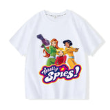 T-shirt enfant totally spies blanc en coton avec graphique coloré des personnages en tenues de missions secrètes