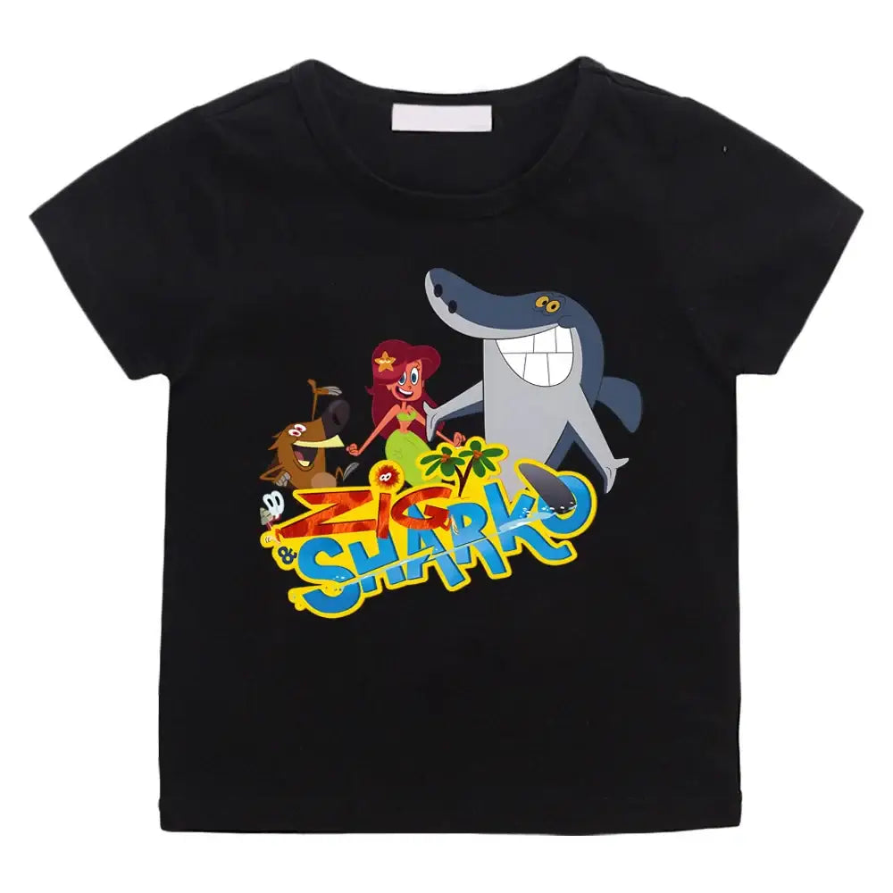 T-shirt enfant zig noir à manches courtes avec un graphique coloré zig et sharko et lettrage audacieux