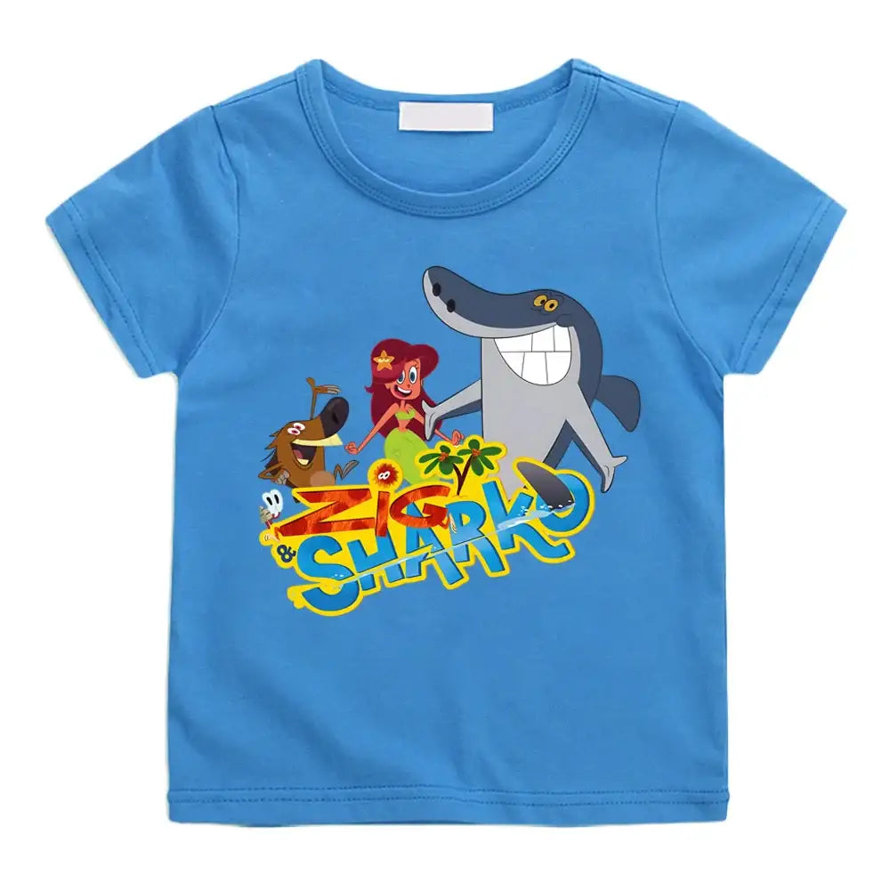 T-shirt enfant zig bleu vif à manches courtes avec graphique coloré zig et sharko cartoon