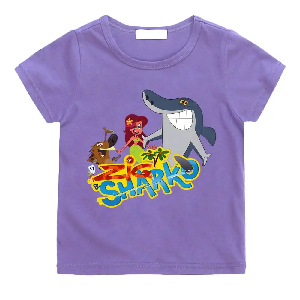 T-shirt enfant zig violet à manches courtes avec un motif coloré zig et sharko en coton printé