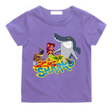 T-shirt enfant zig violet à manches courtes avec un motif coloré zig et sharko en coton printé
