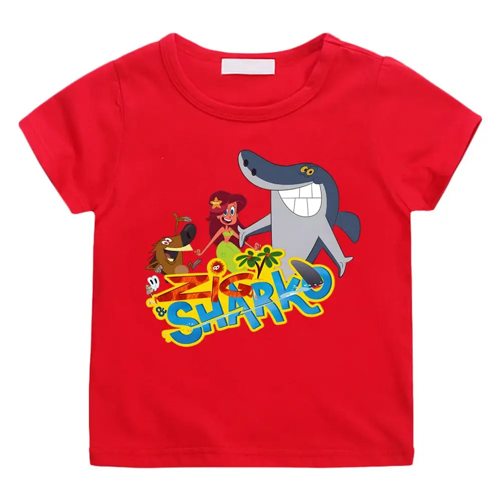 T-shirt enfant zig rouge manches courtes avec graphique coloré zig et sharko et lettrage bold