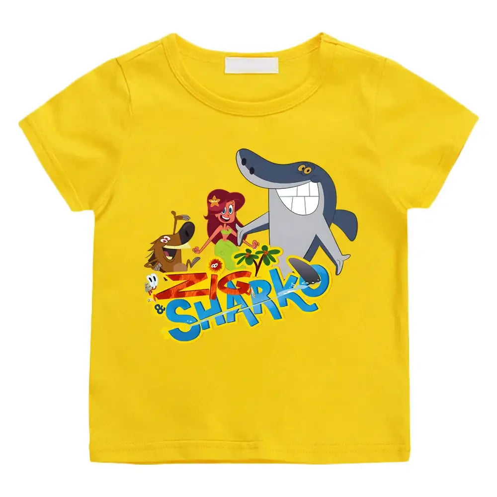 T-shirt enfant zig jaune avec un graphique coloré cartoon zig et sharko manches courtes