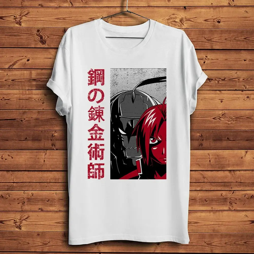 T-shirt fullmetal alchemist blanc en polyester léger avec illustration saisissante d alphonse elric et texte japonais rouge