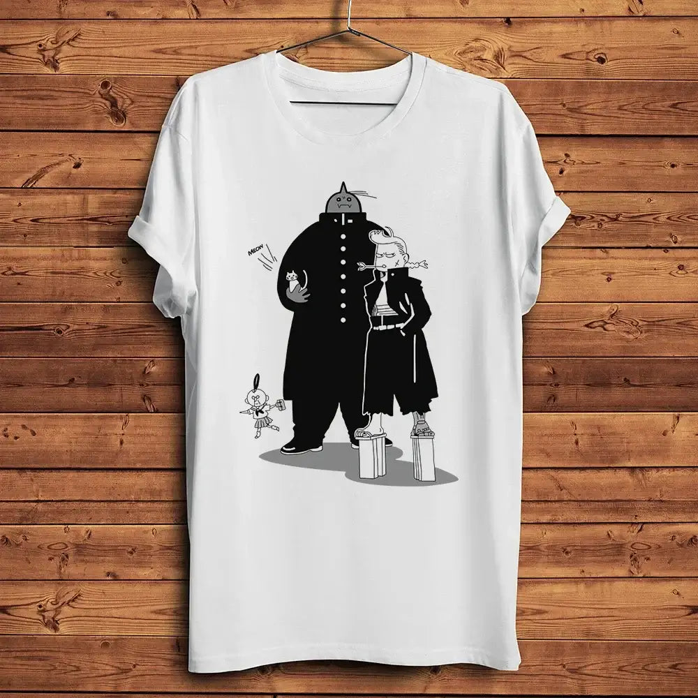 T-shirt fullmetal alchemist blanc en polyester léger avec illustration saisissante alphonse elric et personnages attack on titan