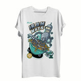 T-shirt futurama robot bender en coton blanc avec un graphique de bender versant du cereal iron-nut dans un bol