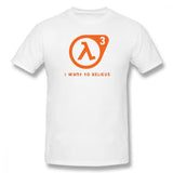 T-shirt half-life blanc en coton avec logo lambda-3 orange et design minimaliste pour confort optimal gaming