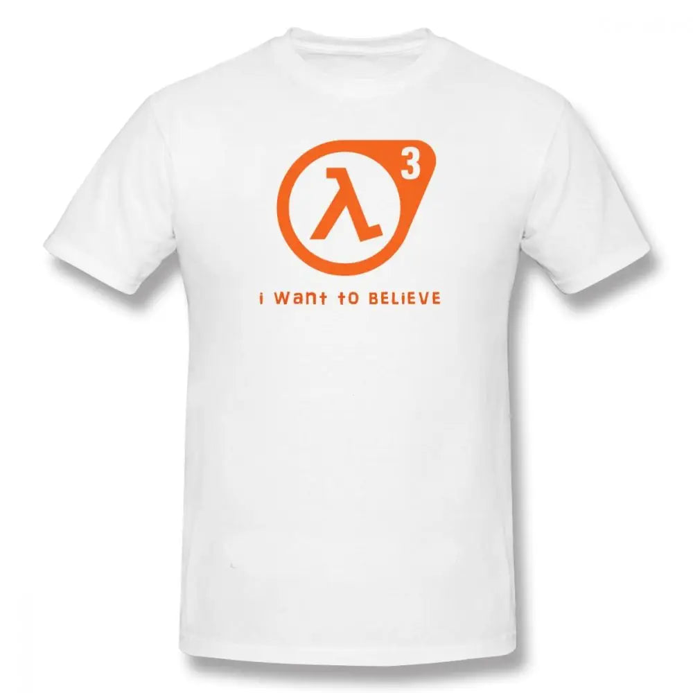 T-shirt half-life blanc en coton avec logo lambda-3 orange et design minimaliste pour confort optimal gaming
