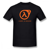 T-shirt half-life noir en coton avec logo lambda 3 orange et texte i want to believe design minimaliste confort optimal
