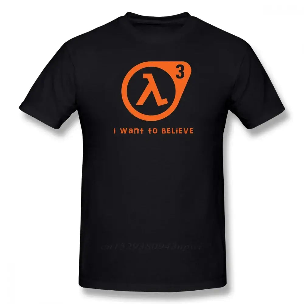 T-shirt half-life noir en coton avec logo lambda 3 orange et texte i want to believe design minimaliste confort optimal