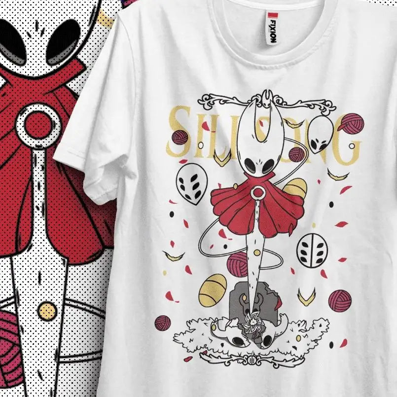 T-shirt hollow knight silksong en coton blanc avec graphisme vibrant du personnage en cape rouge entouré de pelotes et confettis