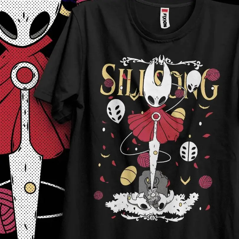 T-shirt hollow knight silksong noir avec motif hornet blanc et rouge creux et lettrage doré jeu culte indépendant
