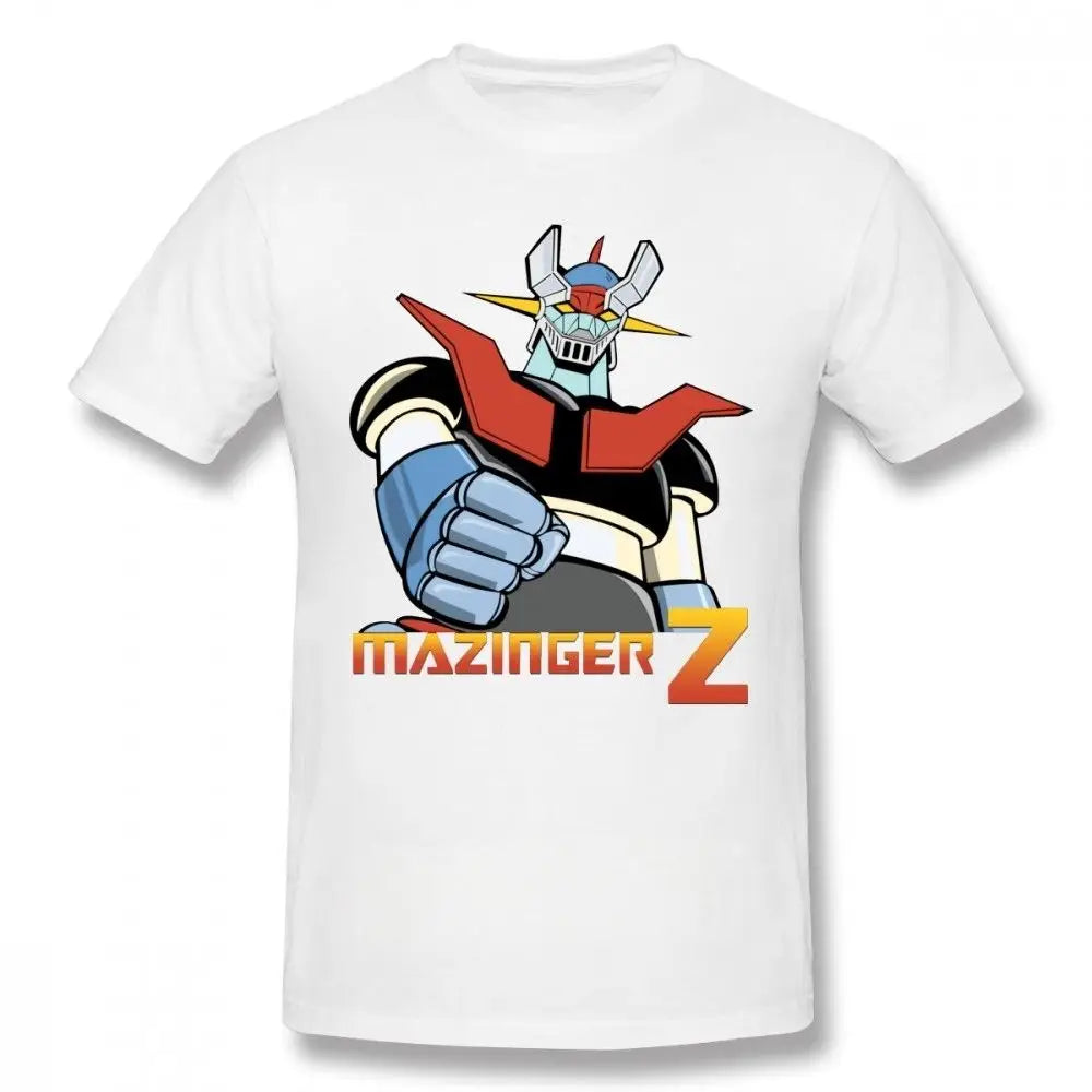 T-shirt homme mazinger z robot en coton blanc avec un graphisme coloré rouge bleu et argent pour déguisement carnaval magasins de jouets