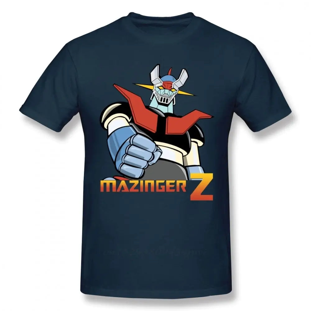T-shirt homme mazinger en coton bleu foncé avec un graphisme vibrant du robot mazinger z rouge blanc et argent métallisé parfait pour déguisement carnaval et magasins de jouets