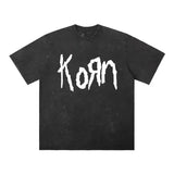 T-shirt homme rock noir korn avec logo graffiti blanc usé pour musique alternative et style homme rock band