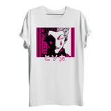 T-shirt hunter x hunter hisoka blanc manches courtes avec graphisme rose vif et texte japonais pour confort optimal