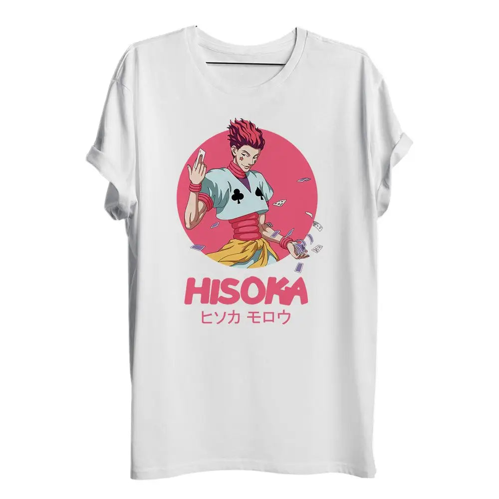 T-shirt hunter x hunter hisoka en coton blanc avec un graphisme rose vif de hisoka morow pour un confort optimal