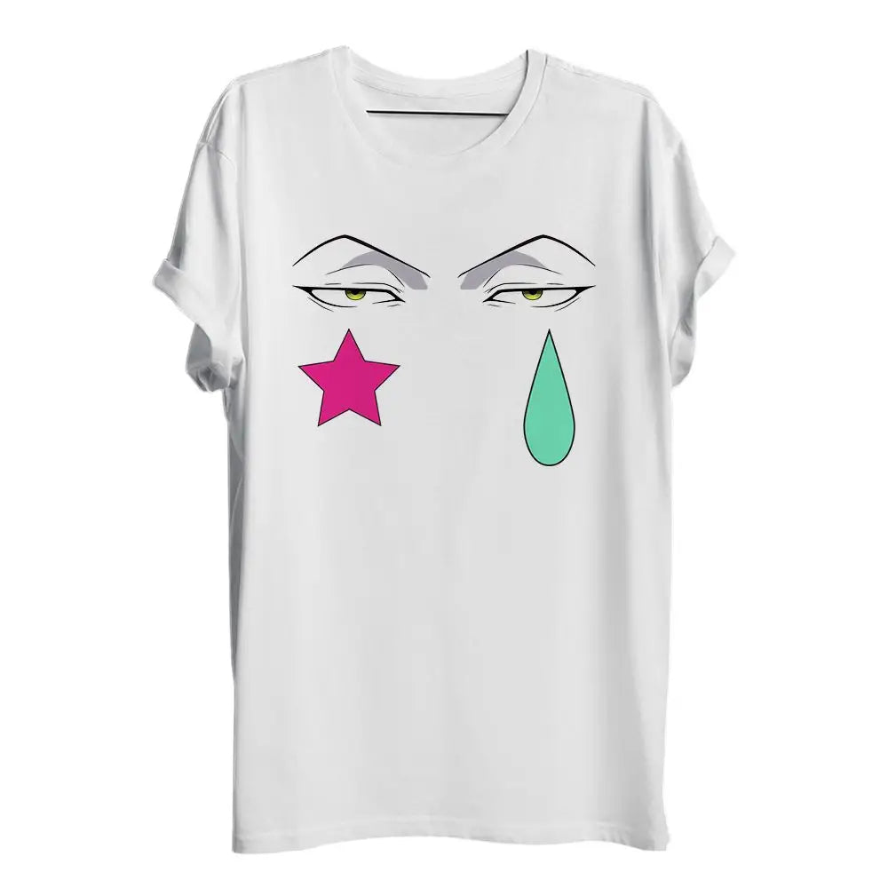 T-shirt hunter x hunter hisoka blanc à manches courtes avec motifs d yeux verts pour confort optimal