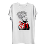 T-shirt hunter x hunter hisoka blanc en coton avec illustration noir et blanc et texte rouge pour un confort optimal