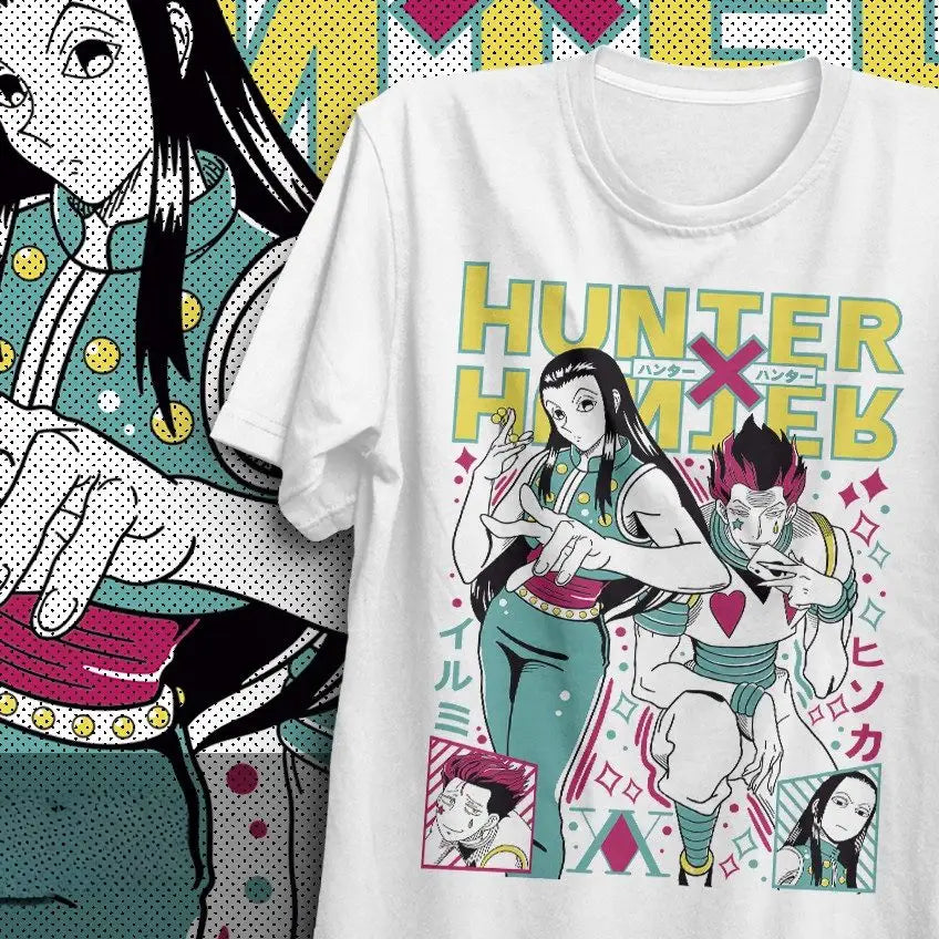 T-shirt hisoka hunter x hunter en coton blanc avec design captivant des personnages illumi zoldyck et hisoka en couleurs vives