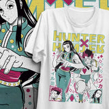 T-shirt hisoka hunter x hunter en coton blanc avec design captivant des personnages illumi zoldyck et hisoka en couleurs vives