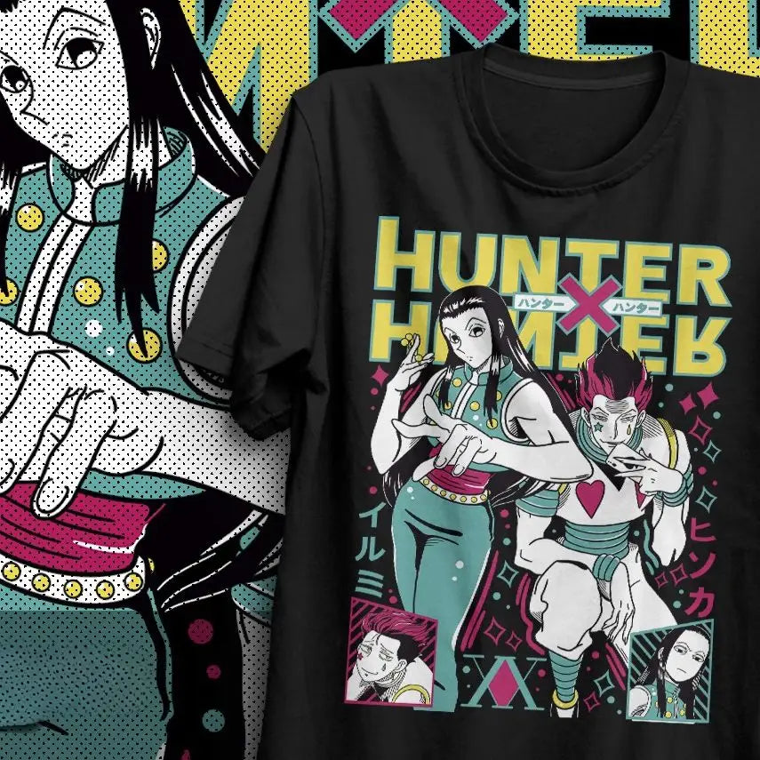 T-shirt hisoka hunter noir en coton avec design captivant de illumi zoldyck en couleurs teal jaune et rose vivid