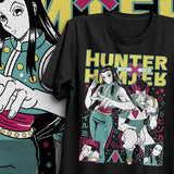 T-shirt hisoka hunter noir en coton avec design captivant de illumi zoldyck en couleurs teal jaune et rose vivid