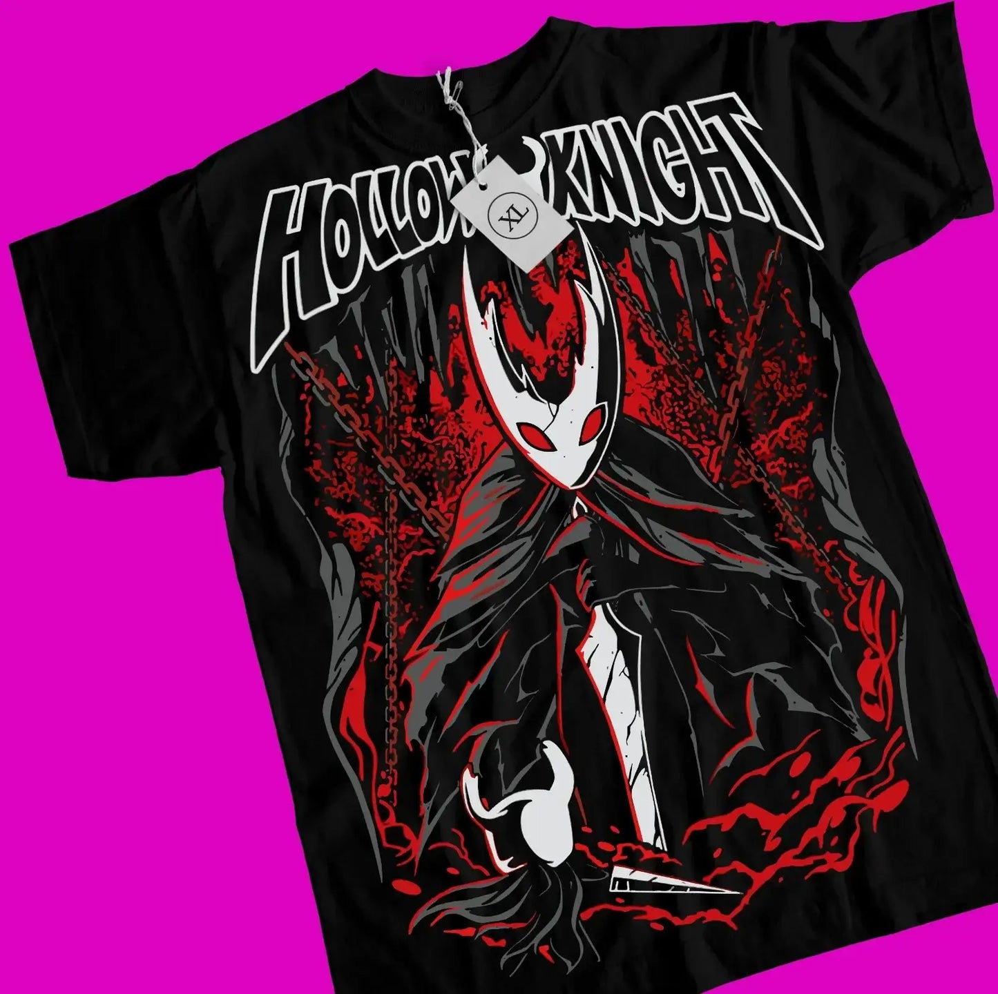 T-shirt hollow knight noir avec design captivant en rouge et blanc du personnage iconique sur fond sombre et flamboyant