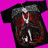 T-shirt hollow knight noir avec design captivant en rouge et blanc du personnage iconique sur fond sombre et flamboyant