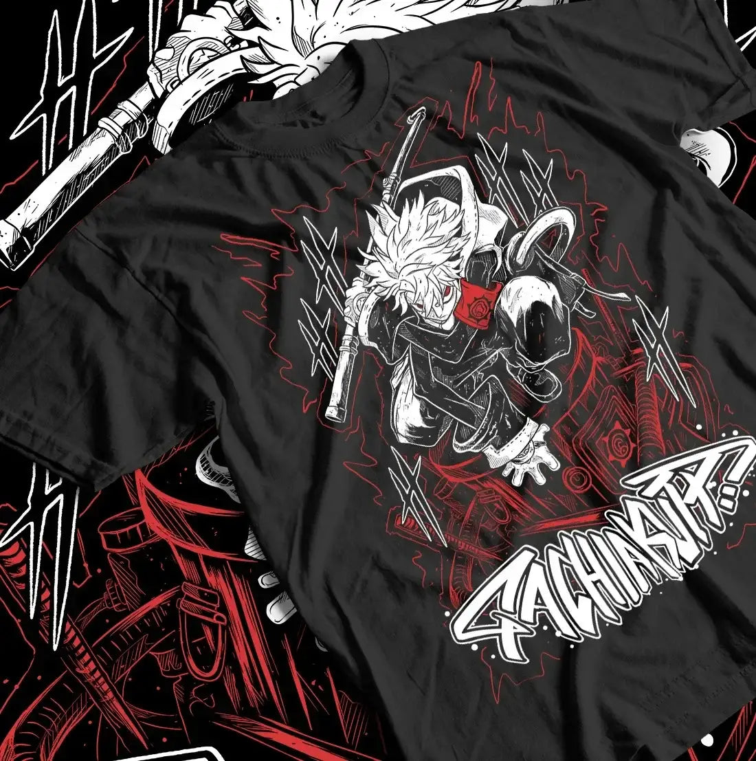 T-shirt manga anime gachiakuta coton noir avec illustration dynamique personnage anime en blanc et rouge et texte graffiti stylisé