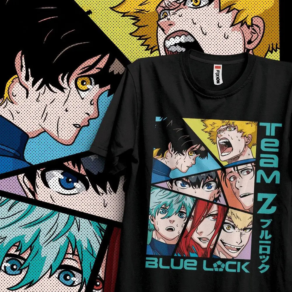 T-shirt cotton noir avec graphique coloré style manga des personnages équipe blue lock du manga blue lock