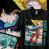 T-shirt cotton noir avec graphique coloré style manga des personnages équipe blue lock du manga blue lock