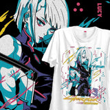 T-shirt cyberpunk edgerunners blanc en coton avec design unique de lucy en style manga cyberpunk en teal rose et noir