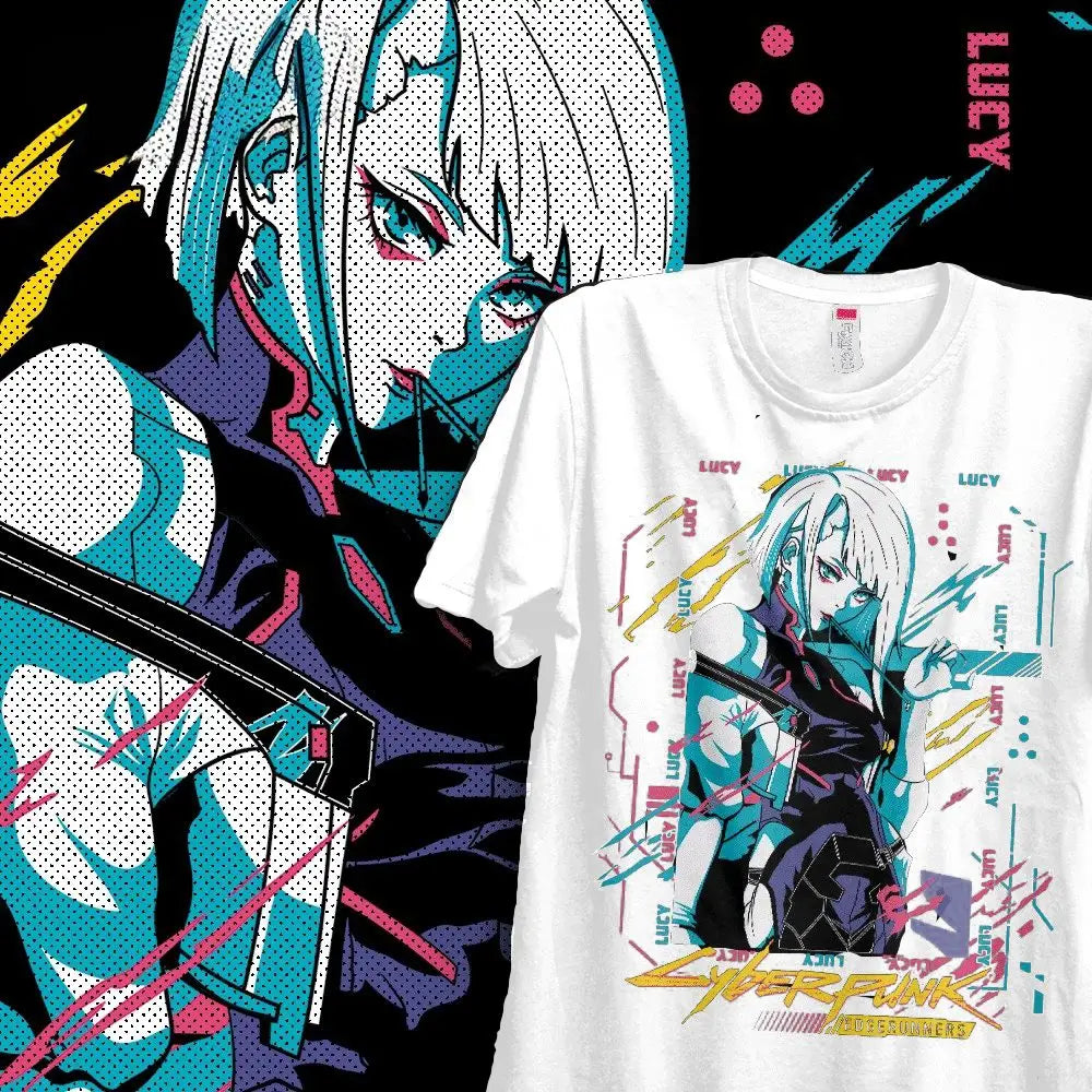 T-shirt cyberpunk edgerunners blanc en coton avec design unique de lucy en style manga cyberpunk en teal rose et noir