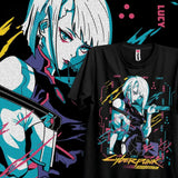 T-shirt cyberpunk edgerunners noir avec design unique de lucy manga cyberpunk en tons teal et rose vif