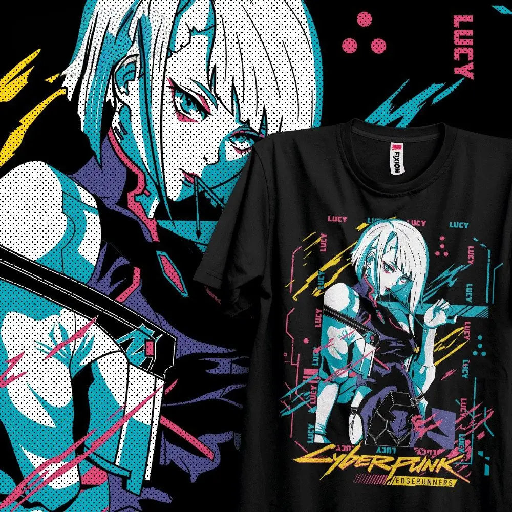 T-shirt cyberpunk edgerunners noir avec design unique de lucy manga cyberpunk en tons teal et rose vif