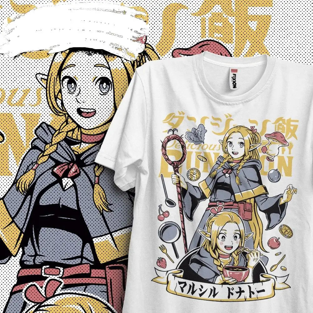 T-shirt manga dungeon meshi marcille blanc avec un graphisme coloré delf tenant des ustensiles de cuisine entouré daliments