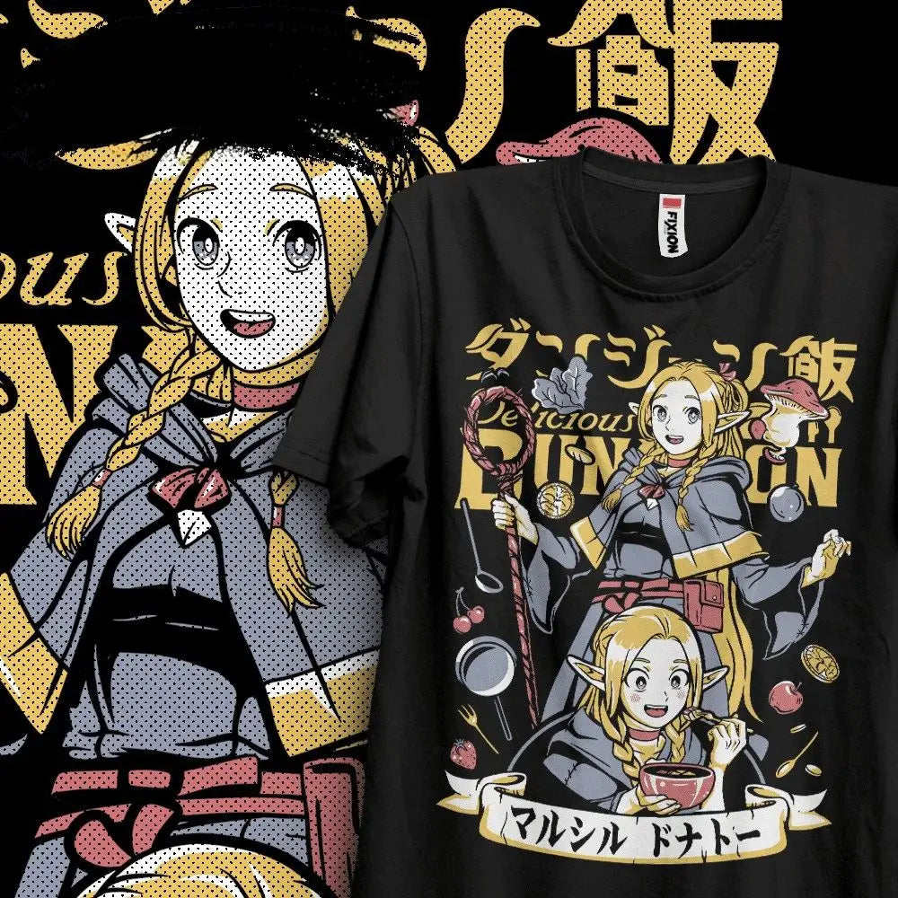 T-shirt manga dungeon meshi marcille noir avec illustration colorée delfe tenant ustensiles de cuisine et entouré daliments