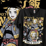 T-shirt manga dungeon meshi marcille noir avec illustration colorée delfe tenant ustensiles de cuisine et entouré daliments