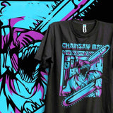 T-shirt noir anime coton doux avec un motif cyan et magenta d anime chainsaw et texte stylisé bold