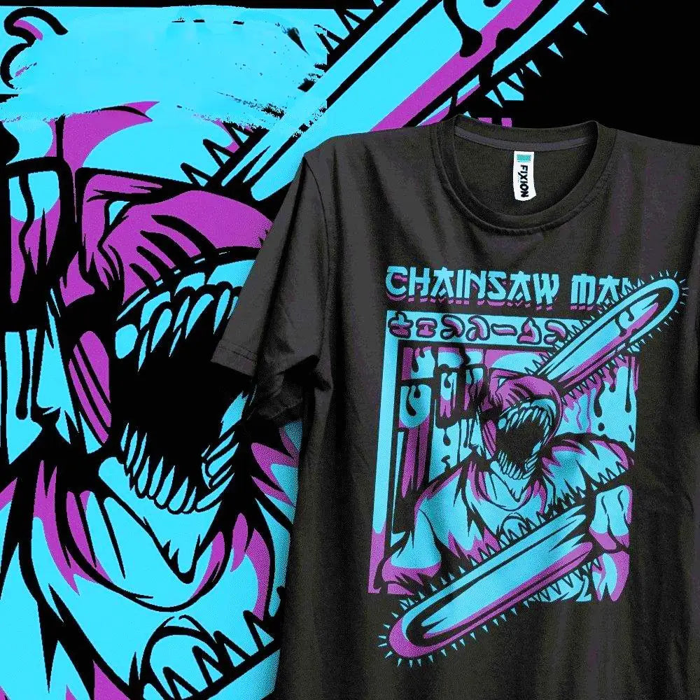 T-shirt noir anime coton doux avec un motif cyan et magenta d anime chainsaw et texte stylisé bold