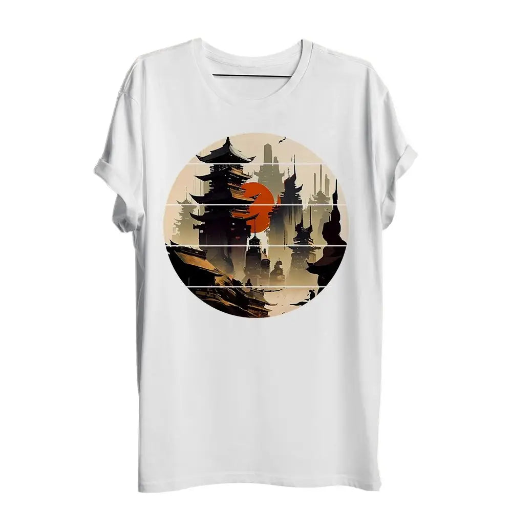 T-shirt pagode japan blanc manches courtes avec graphique circulaire de pagodes stylisées et architecture japonaise