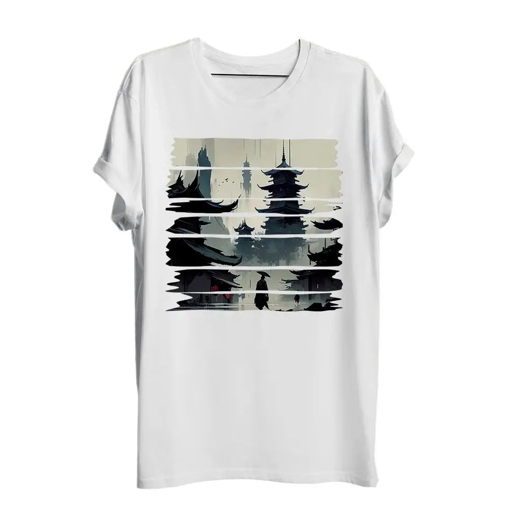 T-shirt pagode blanc à manches courtes avec graphisme stylisé de pagode japan et bateaux en tons noirs et gris