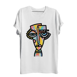T-shirt picasso blanc manches courtes avec graphisme abstrait visage multicolore style pop art