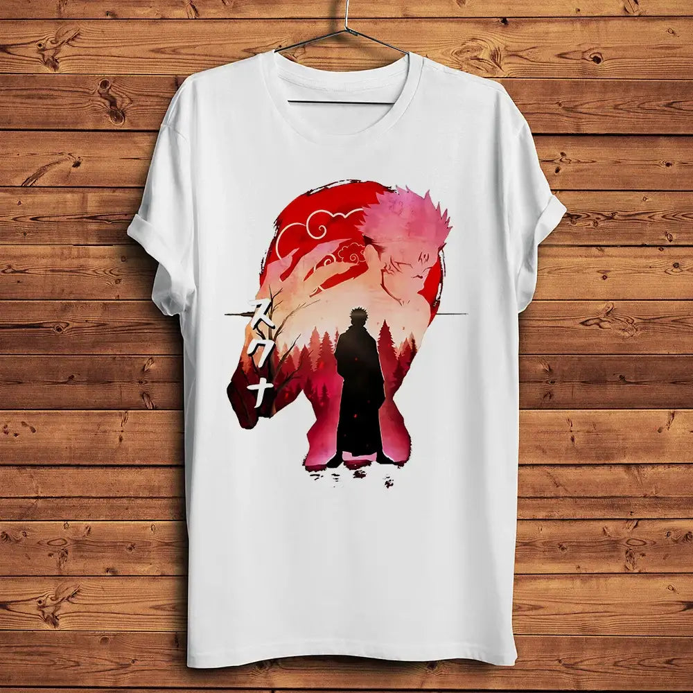 T-shirt ryomen sukuna en coton blanc avec un graphisme anime rouge et rose vif et texte japonais streetwear manga