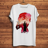 T-shirt ryomen sukuna en coton blanc avec un graphisme anime rouge et rose vif et texte japonais streetwear manga
