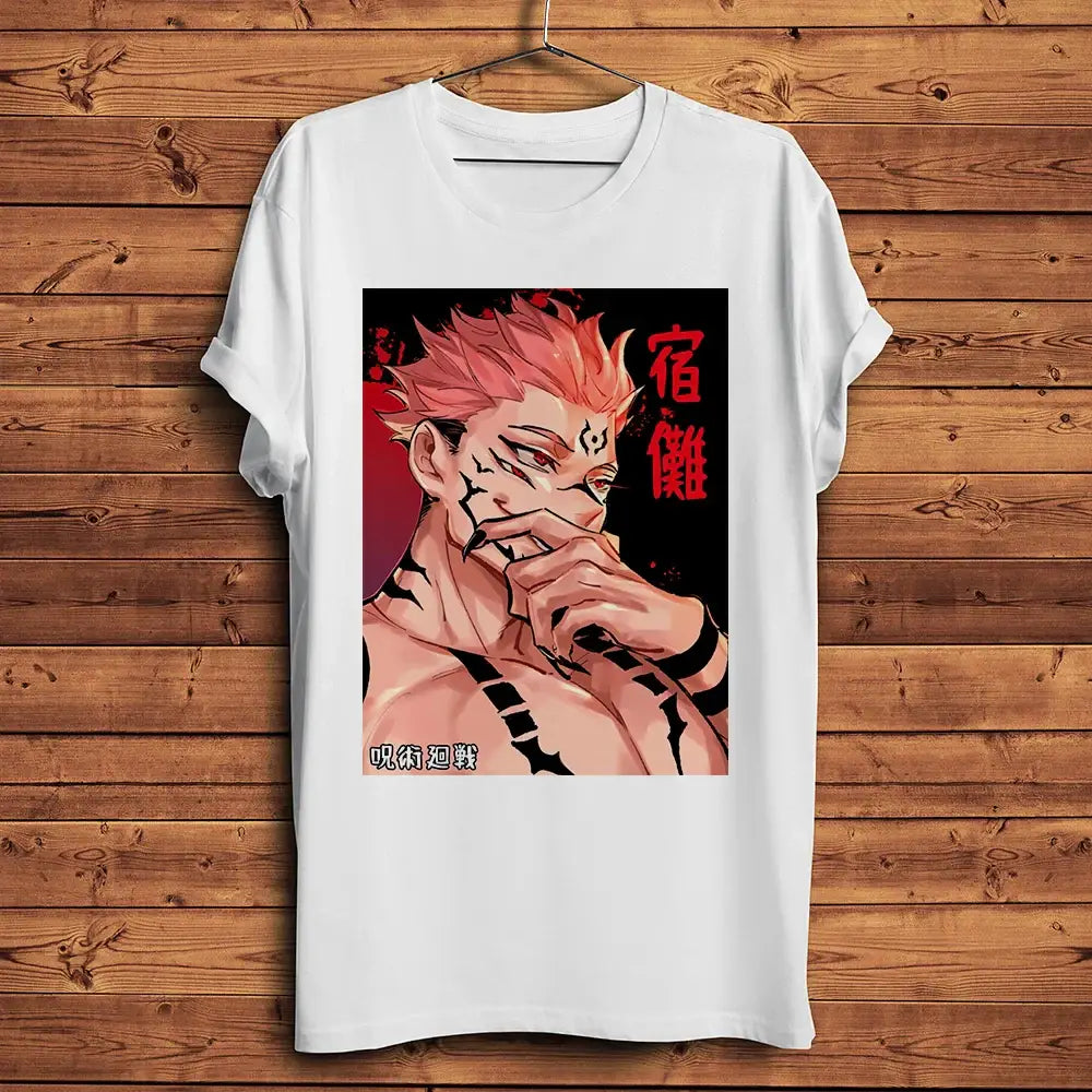 T-shirt ryomen sukuna en coton blanc avec un graphisme animé rose vif et texte japonais rouge pour streetwear manga