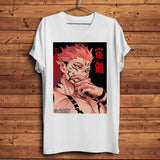 T-shirt ryomen sukuna en coton blanc avec un graphisme animé rose vif et texte japonais rouge pour streetwear manga