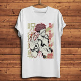 T-shirt ryomen sukuna blanc en coton avec imprimé animé rouge et rayures beige et rouge style streetwear manga