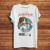 T-shirt sailor jupiter blanc avec illustration anime fille cheveux bruns et accents teal sur fond circulaire teal